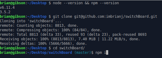 First few steps of the SwitchBoard installation: checking that npm and node are installed, getting the SwitchBoard source code and getting ready to install dependency packages.